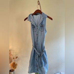 Jean tie belt dress, sleeveless.